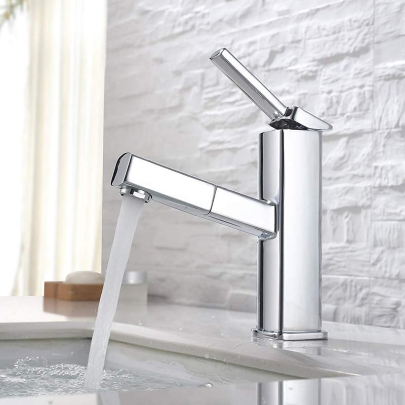 KAIYING Bathroom Sink Faucet with Pull Out Sprayer, Single Handle Basin Mixer Tap for Hot and Cold Water, Lavatory Pull Down Sink Faucet with Rotating Spout (Regular, Chrome) - Image 3
